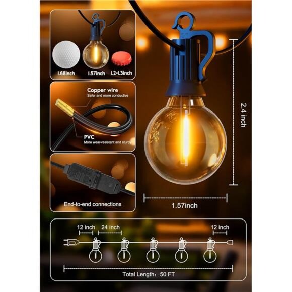 Brightown Outdoor String Lights, 50FT 25 G40 Bulbs Shatterproof Patio Lights - Picture 6 of 7